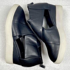 Black Womens Wedge Sandals Ankle Faux Leather Zipper Criss cross White Size 9.5​